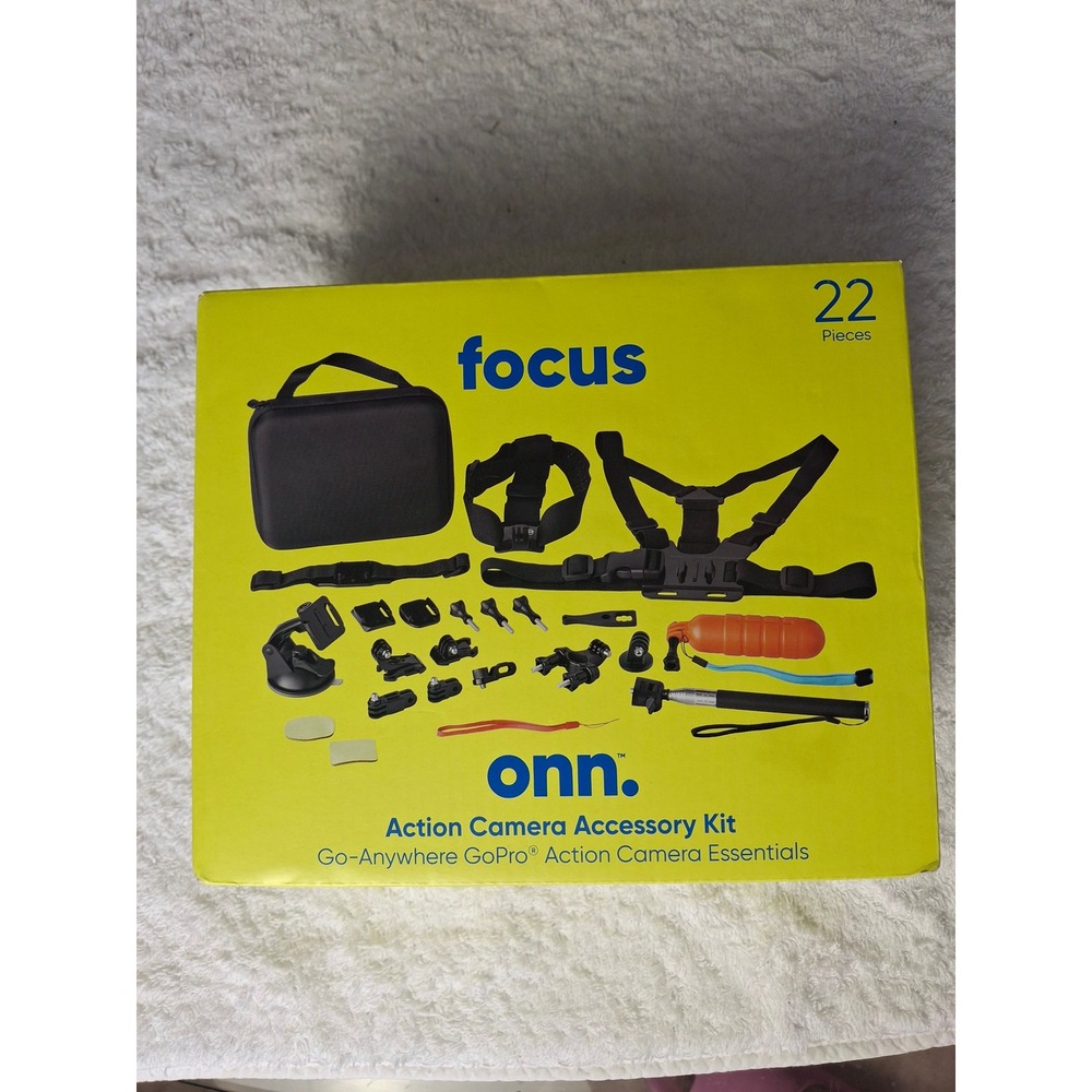 Onn Action Camera Accessory Kit 22 Pieces for GoPro Mounts Head Chest Strap Case